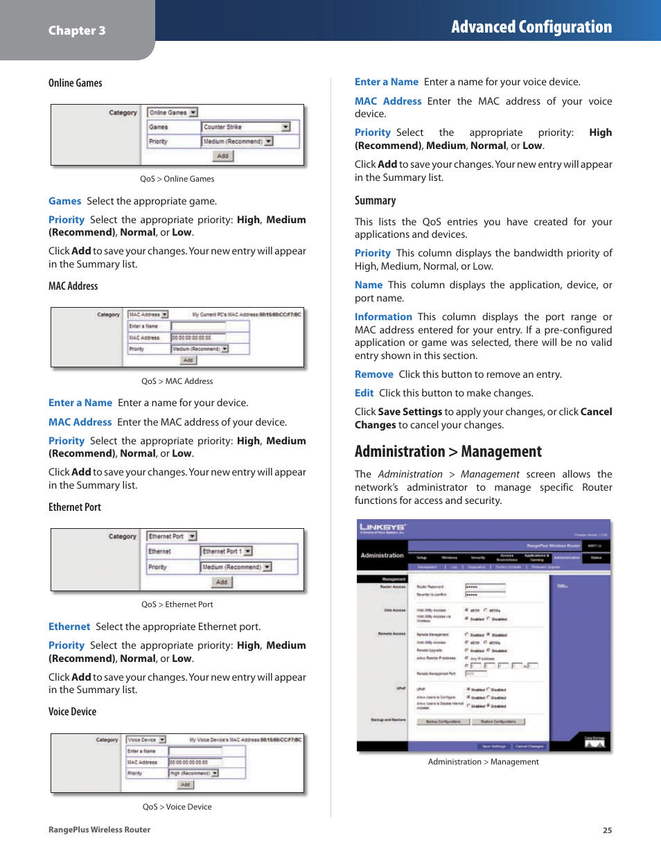 Administration > management, Advanced configuration | Cisco WRT110 User Manual | Page 26 / 48
