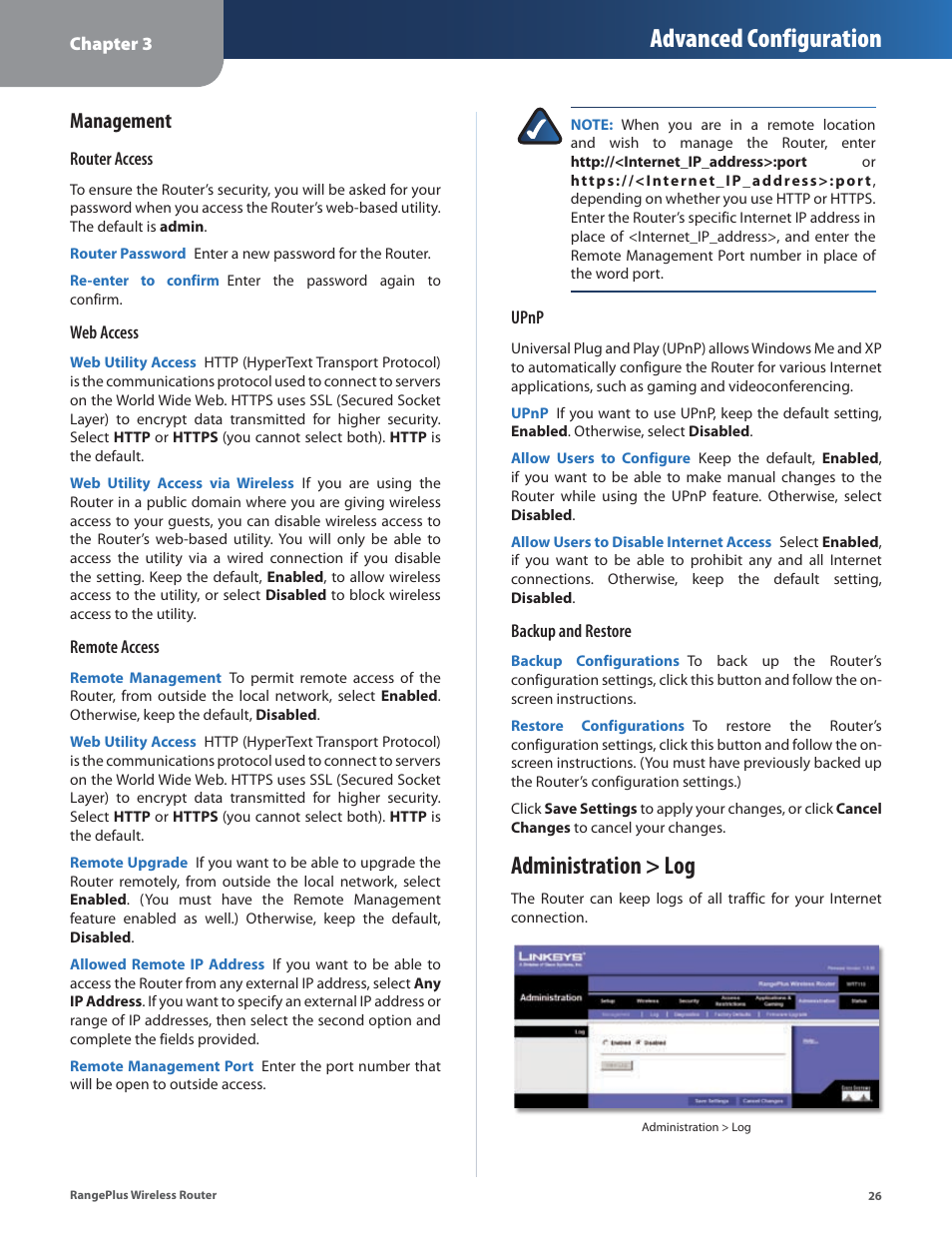 Administration > log, Advanced configuration, Management | Cisco WRT110 User Manual | Page 27 / 48