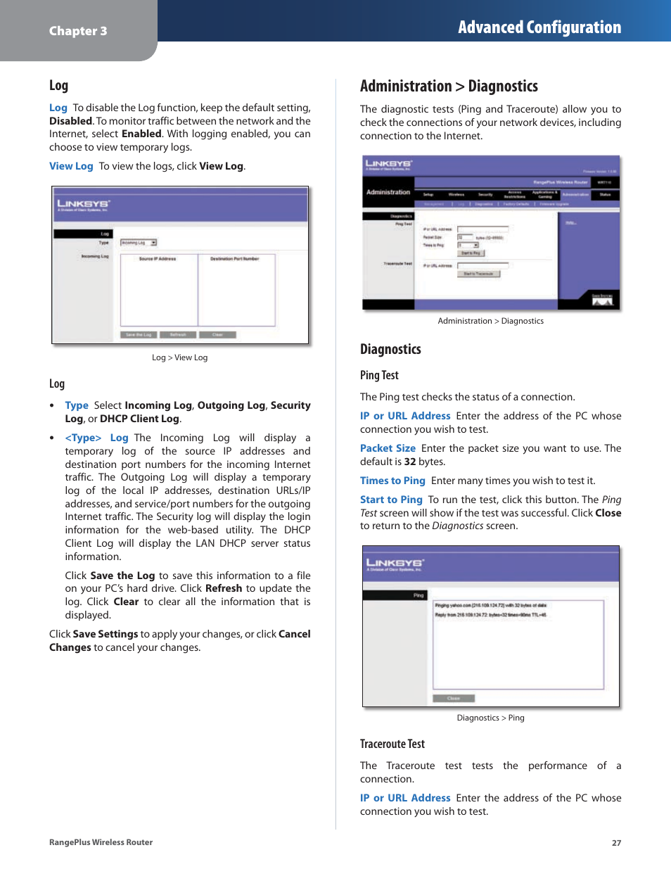 Administration > diagnostics, Advanced configuration, Diagnostics | Cisco WRT110 User Manual | Page 28 / 48