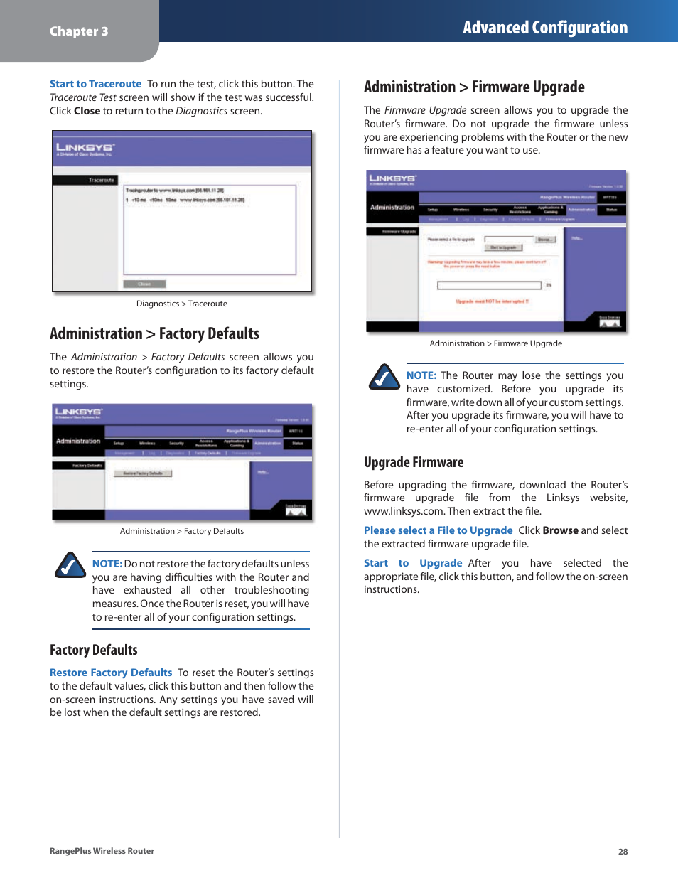 Administration > factory defaults, Administration > firmware upgrade, Advanced configuration | Factory defaults, Upgrade firmware | Cisco WRT110 User Manual | Page 29 / 48