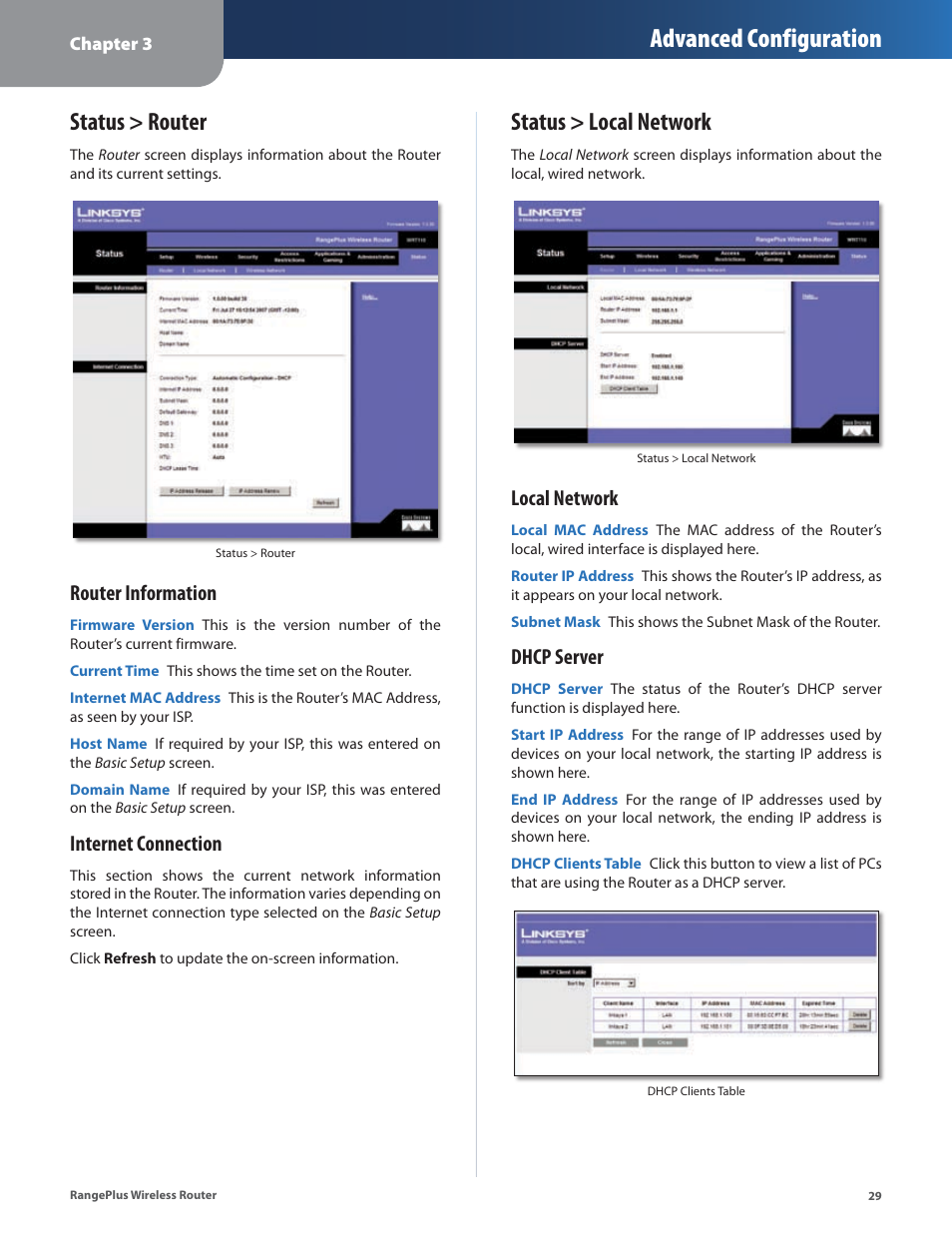 Status > router, Status > local network, Status > router status > local network | Advanced configuration, Router information, Internet connection, Local network, Dhcp server | Cisco WRT110 User Manual | Page 30 / 48