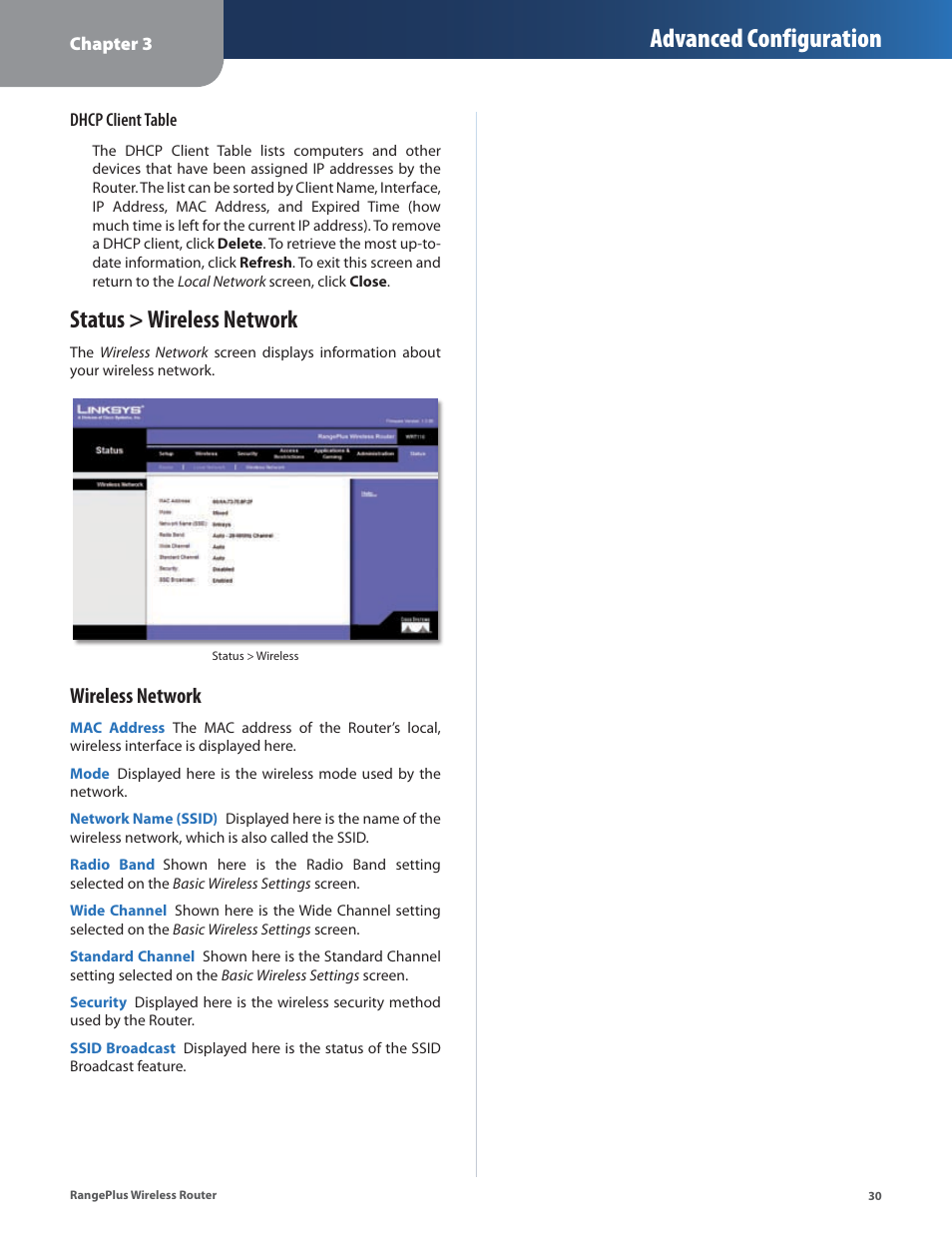 Status > wireless network, Advanced configuration, Wireless network | Cisco WRT110 User Manual | Page 31 / 48
