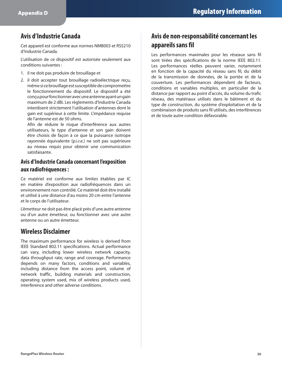 Avis d’industrie canada, Wireless disclaimer, Regulatory information | Cisco WRT110 User Manual | Page 37 / 48