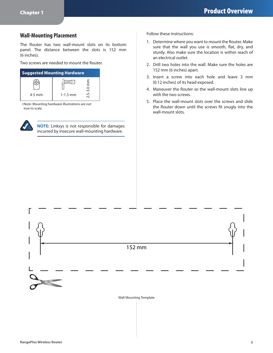 Product overview, Wall-mounting placement, 152 mm | Cisco WRT110 User Manual | Page 6 / 48