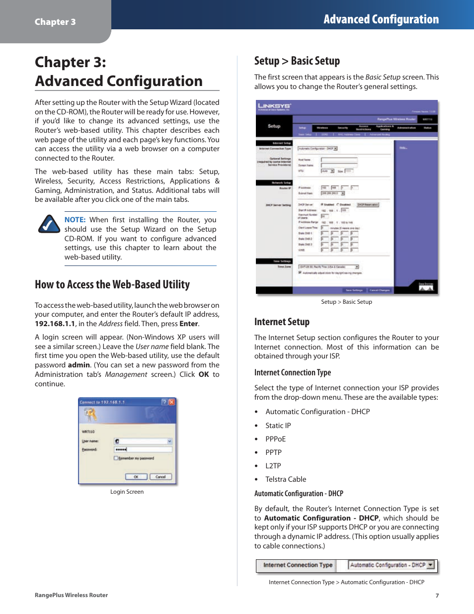 Chapter 3: advanced configuration, Setup > basic setup, Advanced configuration | How to access the web-based utility, Internet setup | Cisco WRT110 User Manual | Page 8 / 48