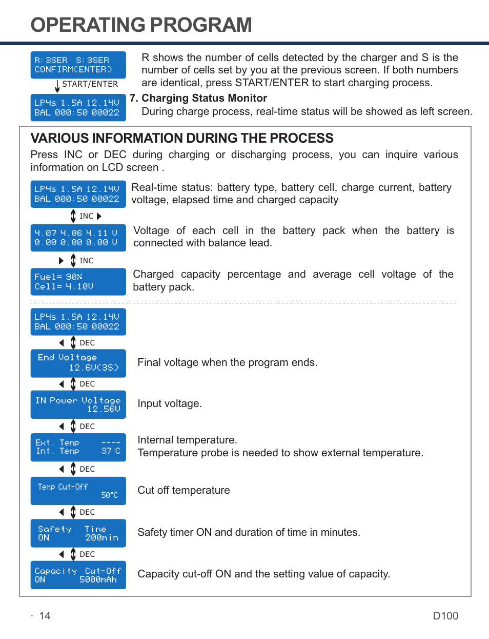 页 16, Operating program, Various information during the process | SkyRC D100 Charger User Manual | Page 16 / 30