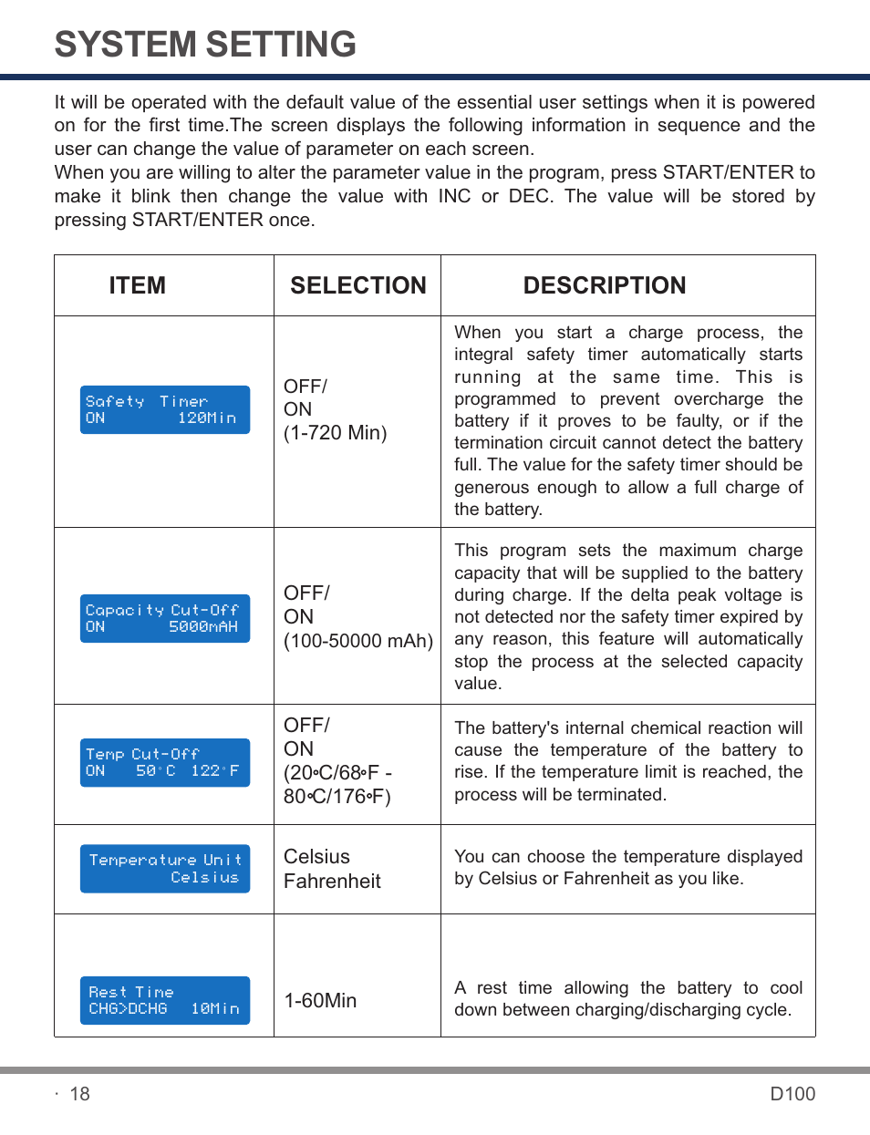 页 20, System setting, Item selection description | SkyRC D100 Charger User Manual | Page 20 / 30