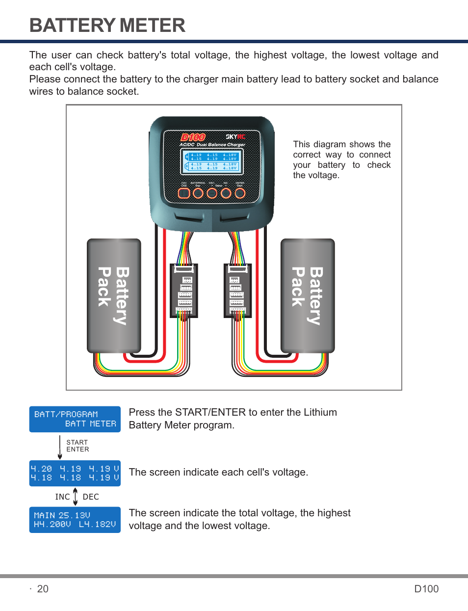 页 22, Battery meter, Battery pack battery pack | SkyRC D100 Charger User Manual | Page 22 / 30