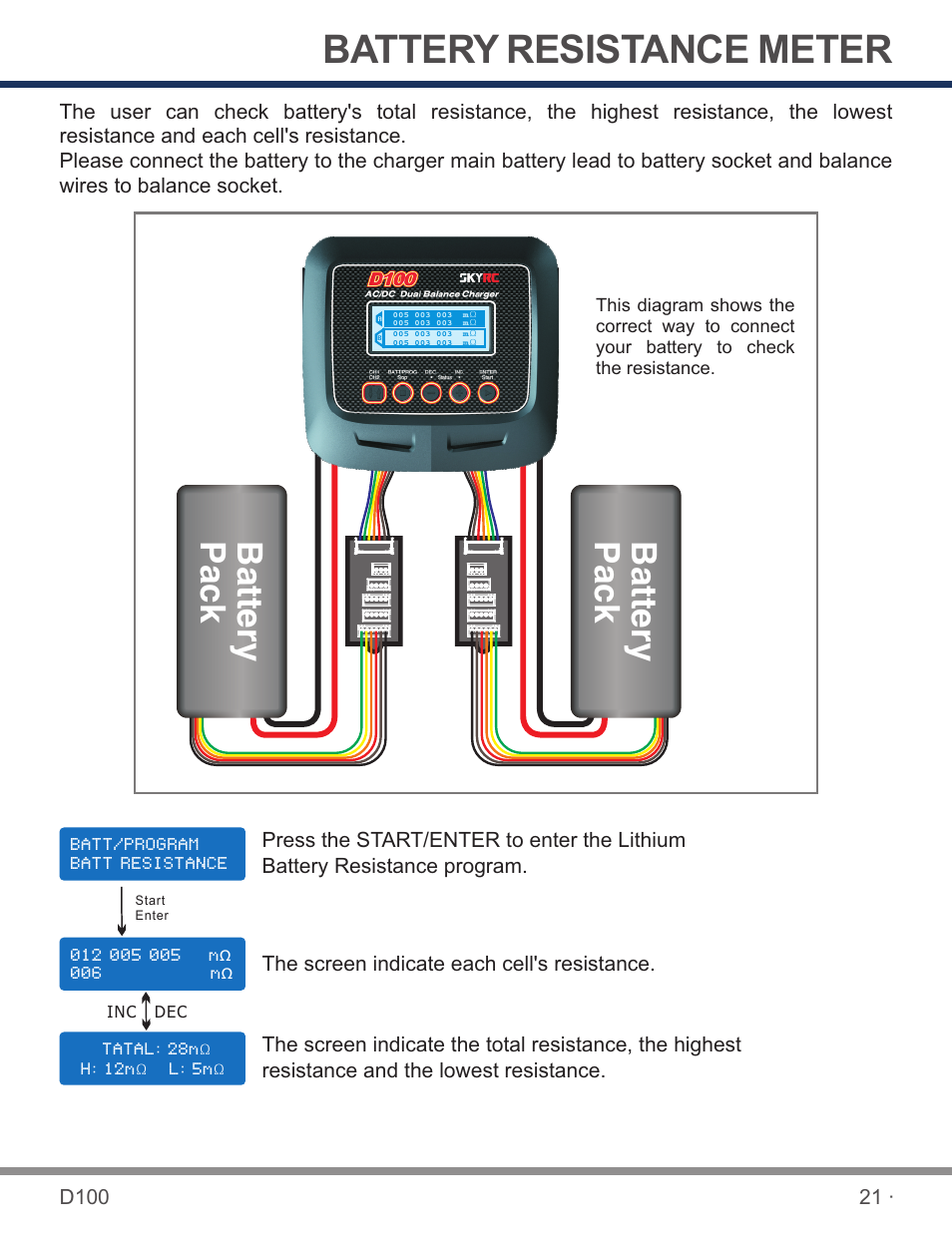 页 23, Battery resistance meter, Battery pack battery pack | SkyRC D100 Charger User Manual | Page 23 / 30