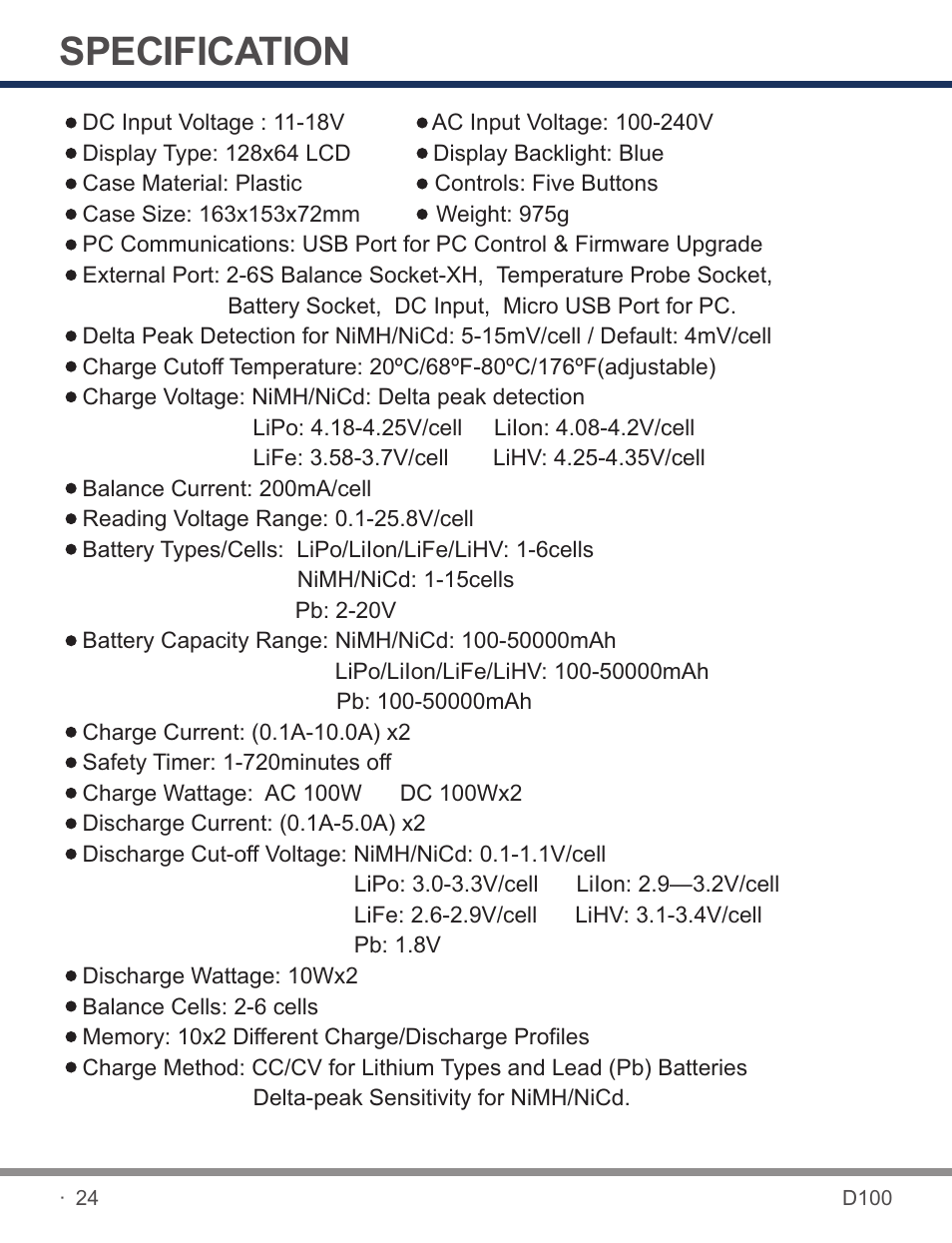 页 26, Specification | SkyRC D100 Charger User Manual | Page 26 / 30