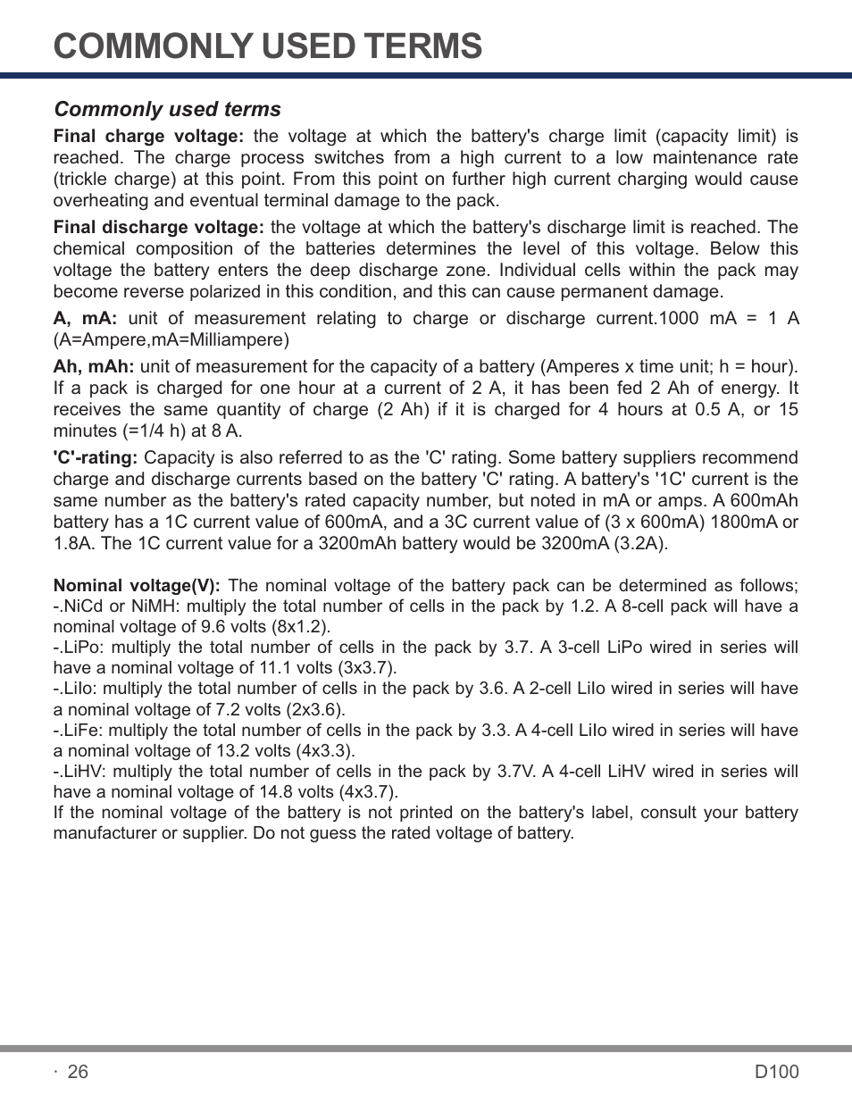 页 28, Commonly used terms | SkyRC D100 Charger User Manual | Page 28 / 30