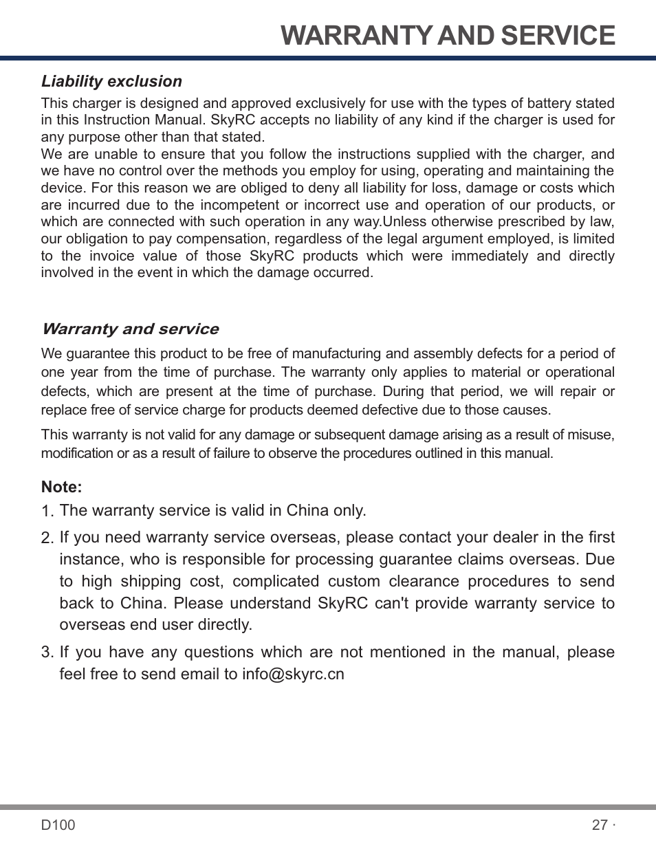 页 29, Warranty and service | SkyRC D100 Charger User Manual | Page 29 / 30