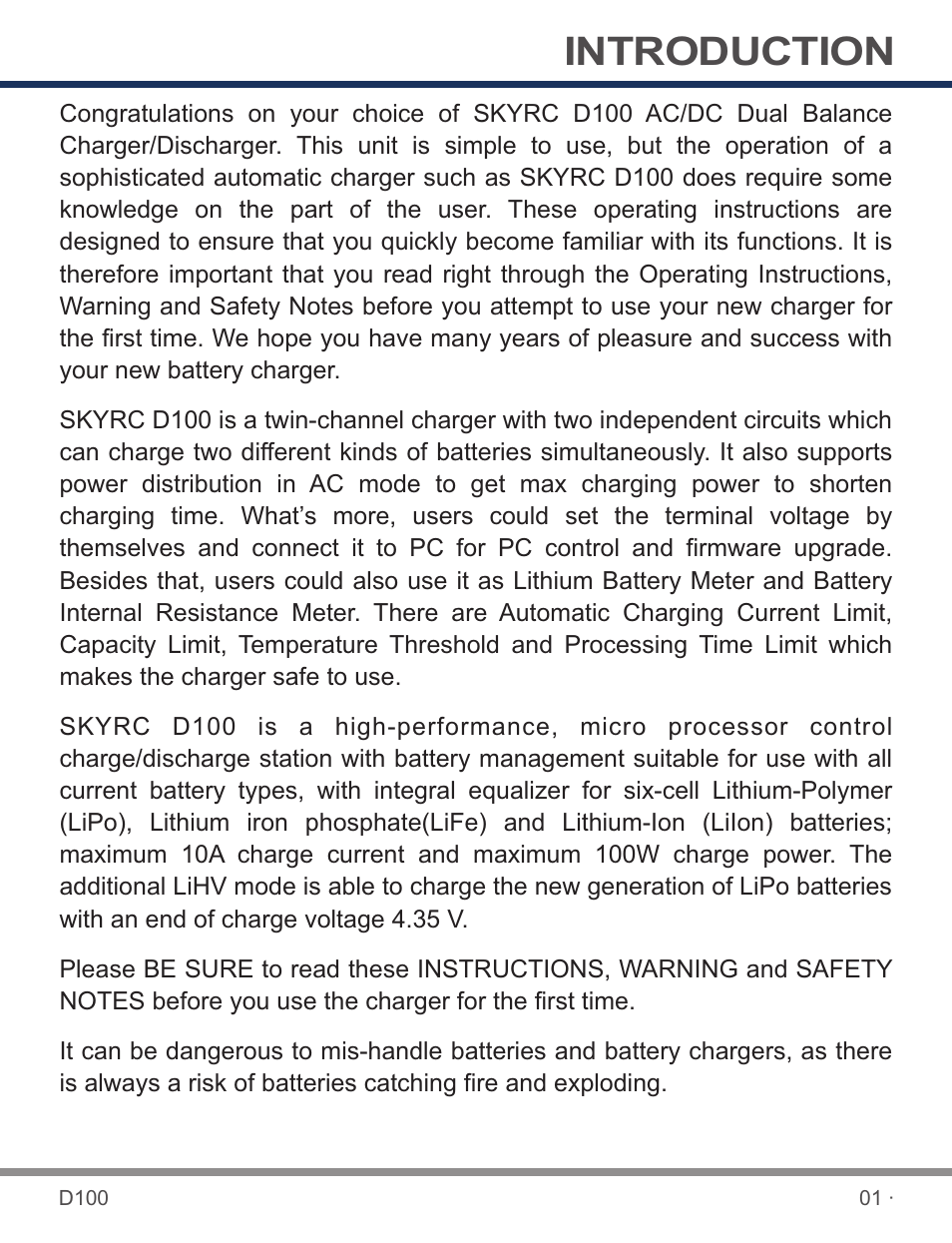 Introduction | SkyRC D100 Charger User Manual | Page 3 / 30