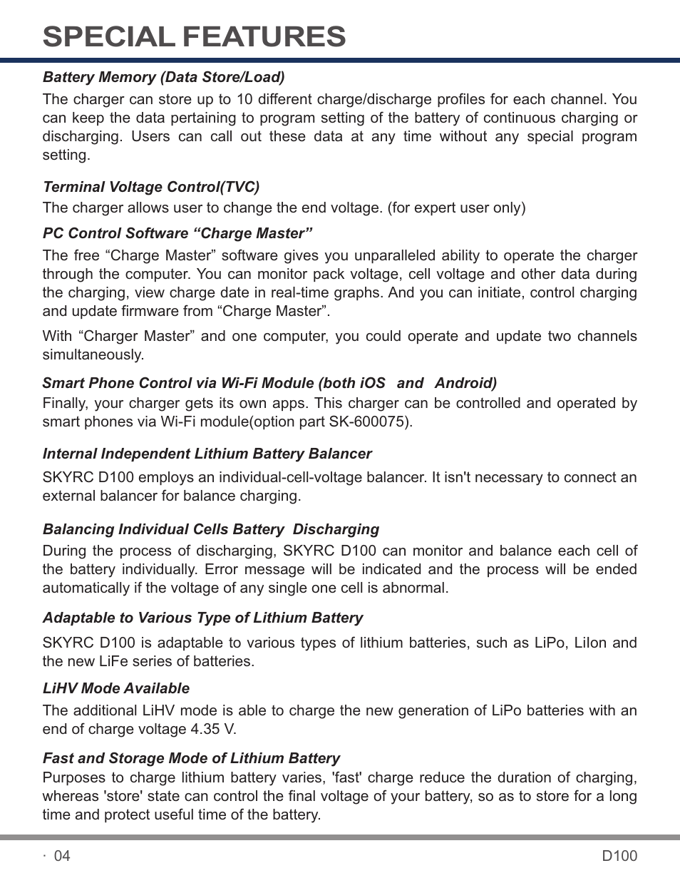 Special features | SkyRC D100 Charger User Manual | Page 6 / 30