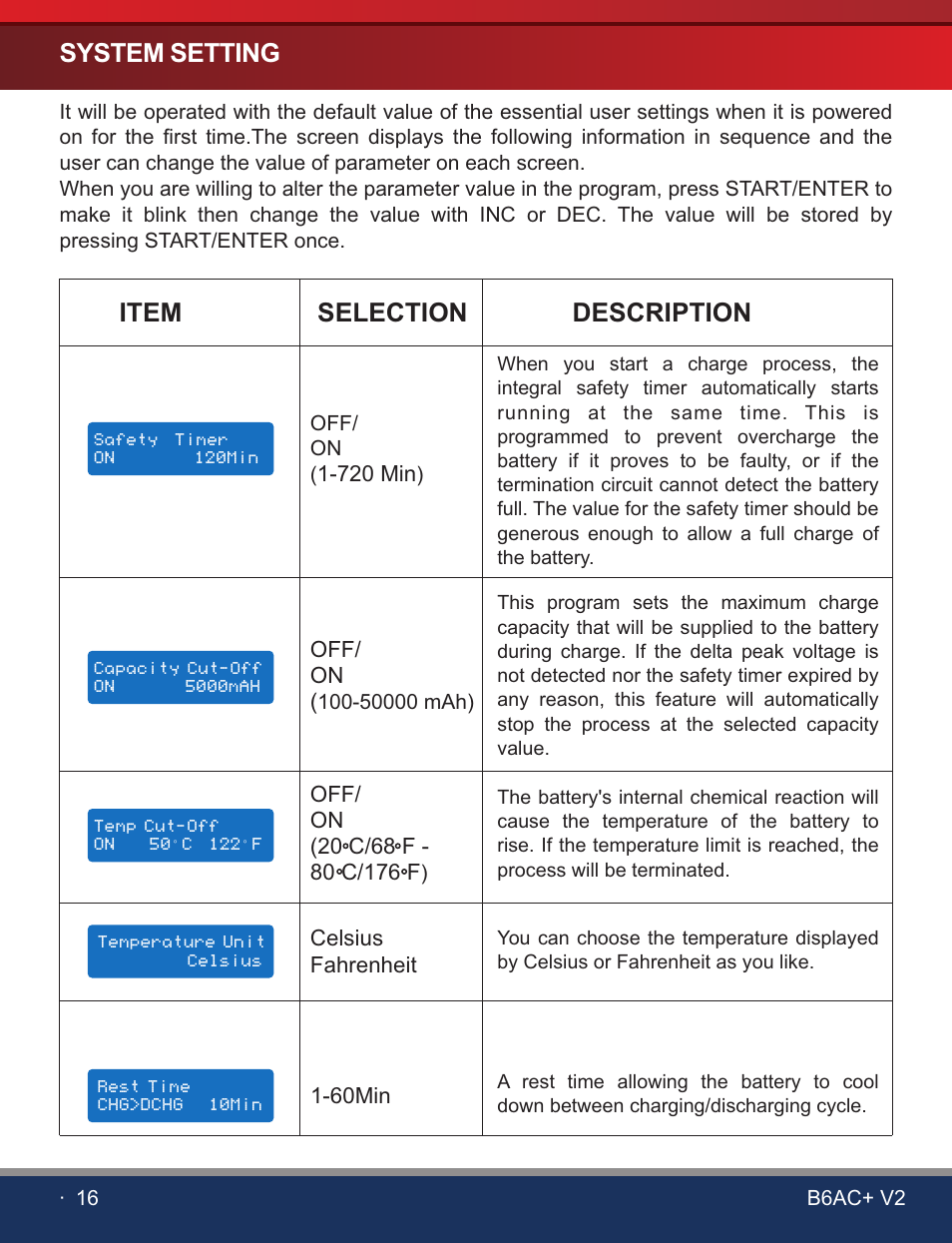 页 18, System setting, Item selection description | SkyRC B6AC+ V2 Charger User Manual | Page 18 / 28