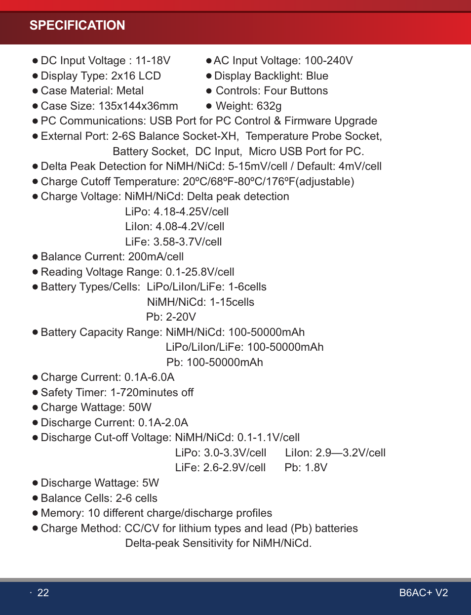 页 24, Specification | SkyRC B6AC+ V2 Charger User Manual | Page 24 / 28