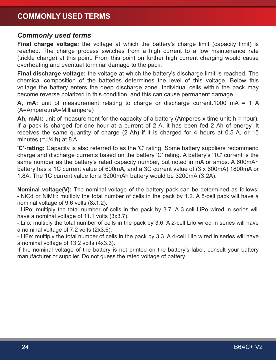 页 26, Commonly used terms | SkyRC B6AC+ V2 Charger User Manual | Page 26 / 28