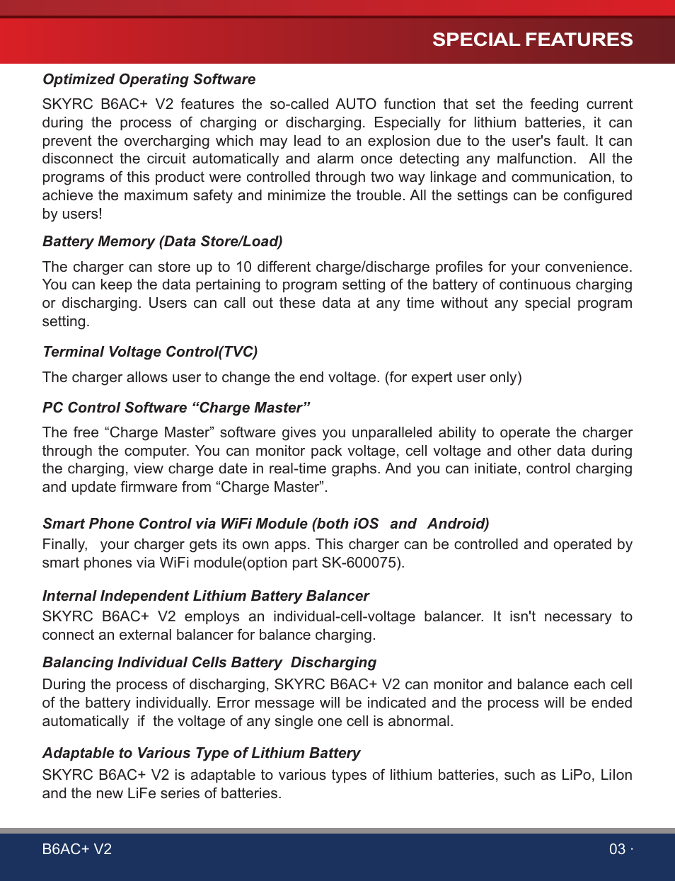 Special features | SkyRC B6AC+ V2 Charger User Manual | Page 5 / 28