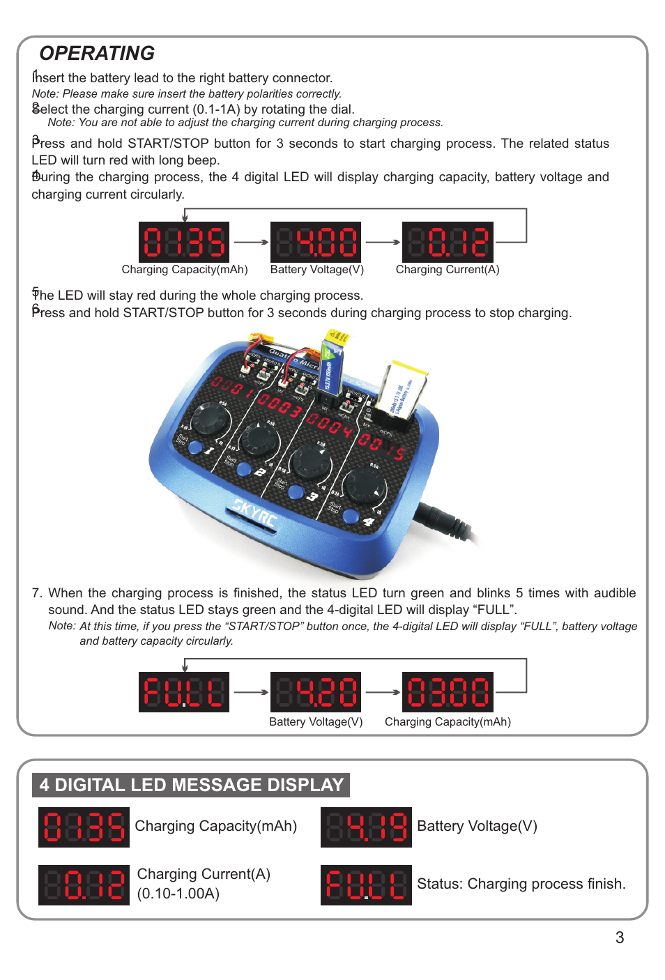 Operating, 4 digital led message display | SkyRC Quattro Micro Battery Charger User Manual | Page 3 / 4