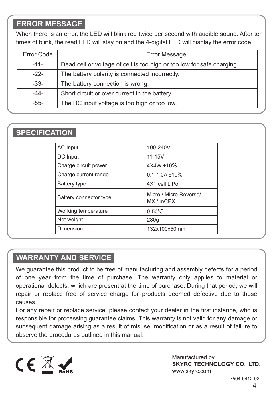 Error message warranty, Service, Specification | SkyRC Quattro Micro Battery Charger User Manual | Page 4 / 4