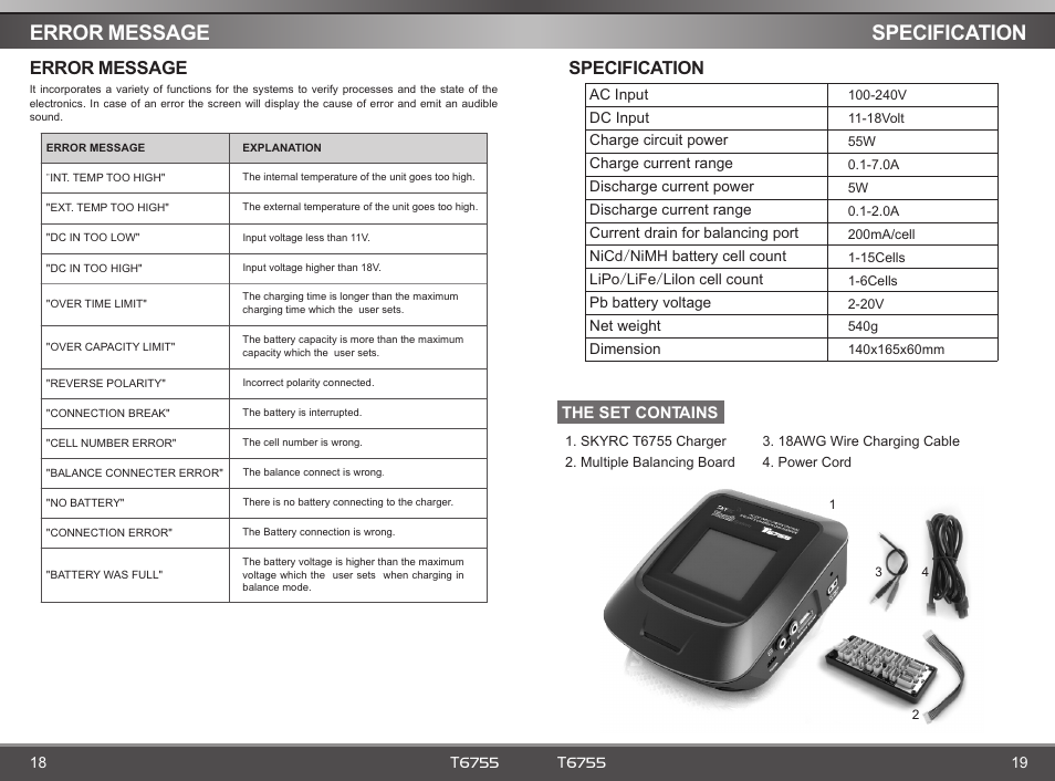 页 11, Specification error message, Error message specification | SkyRC T6755 Charger User Manual | Page 11 / 12