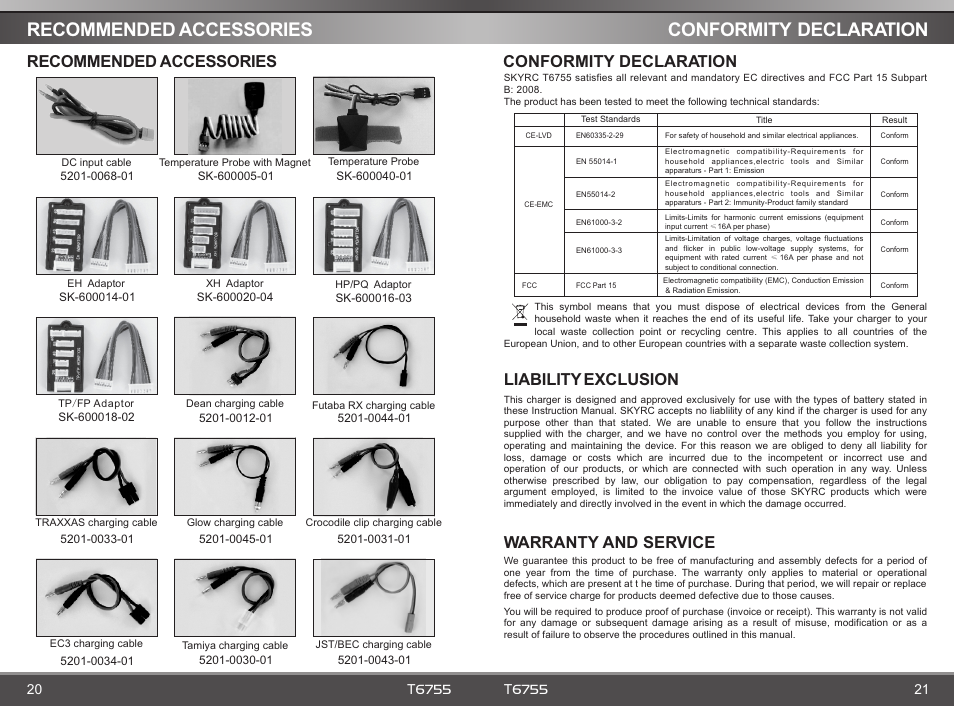 页 12, Recommended accessories, Conformity | Declaration, Warranty and service, Conformity declaration, Liability, Exclusion | SkyRC T6755 Charger User Manual | Page 12 / 12