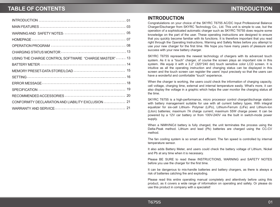 Table of contents introduction, Introduction | SkyRC T6755 Charger User Manual | Page 2 / 12