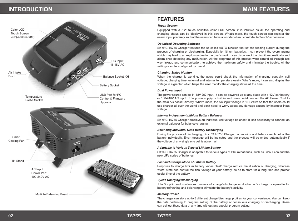 Main, Features, Introduction | SkyRC T6755 Charger User Manual | Page 3 / 12