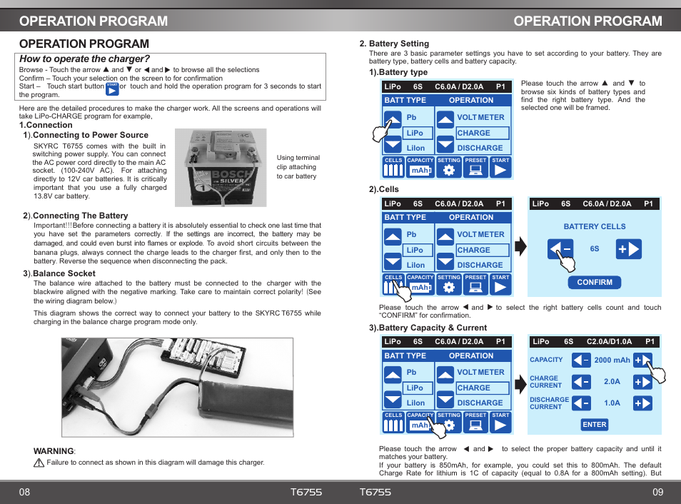 Operation program, How to operate the charger | SkyRC T6755 Charger User Manual | Page 6 / 12