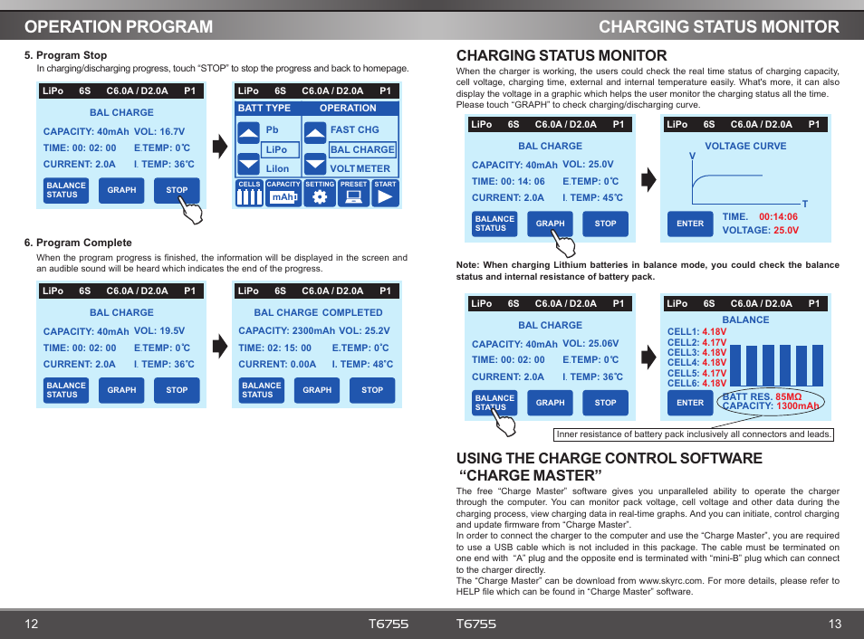 Charging status monitor, Operation program, Using the charge control software “charge master | SkyRC T6755 Charger User Manual | Page 8 / 12