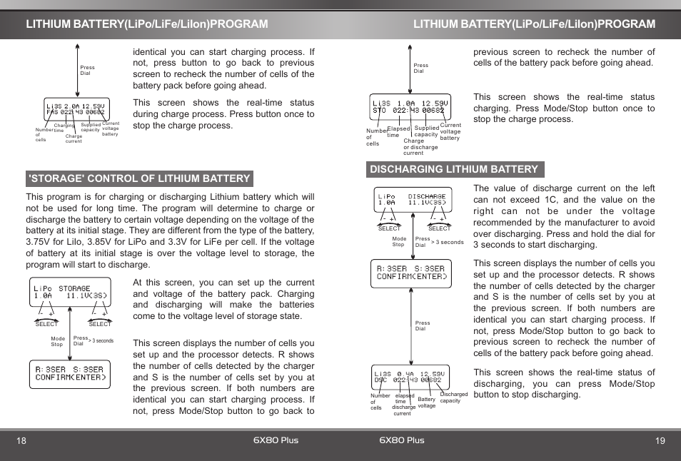 页 11, Lithium battery(lipo/life/liion)program, Storage' control of lithium battery | Discharging lithium battery | SkyRC 6x80+ Blue Version Charger User Manual | Page 11 / 22