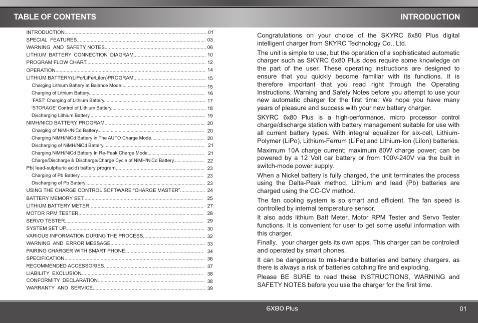 Table of contents introduction | SkyRC 6x80+ Blue Version Charger User Manual | Page 2 / 22