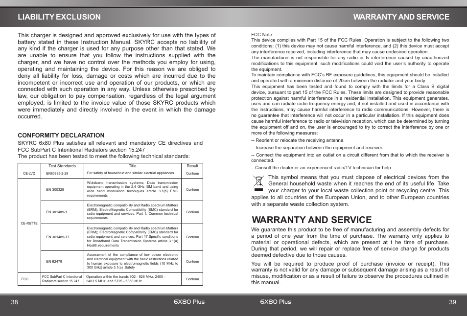 页 21, Warranty and service, Warranty | Service, Liability, Exclusion | SkyRC 6x80+ Blue Version Charger User Manual | Page 21 / 22