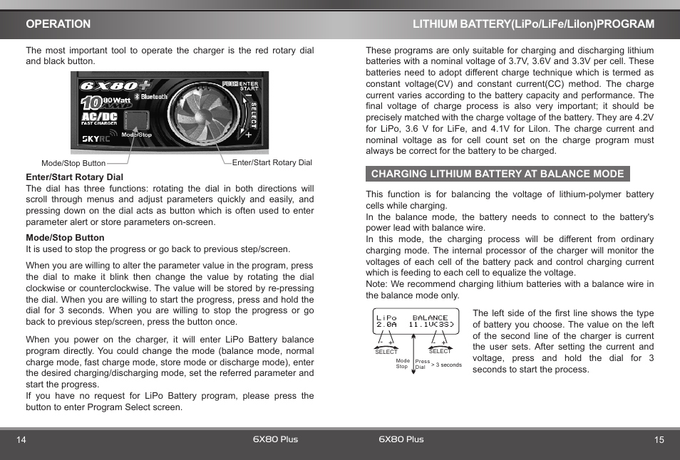 Operation, Lithium battery(lipo/life/liion)program | SkyRC 6x80+ Blue Version Charger User Manual | Page 9 / 22