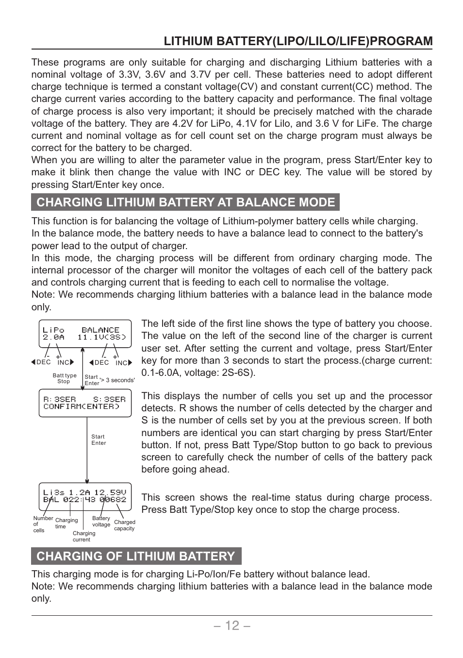 页 13, Lithium battery(lipo/lilo/life)program, Charging lithium battery at balance mode | Charging of lithium battery | SkyRC Quattro B6AC User Manual | Page 13 / 28