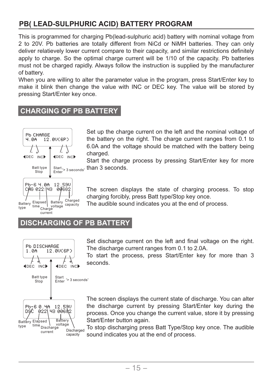 页 16, Pb( lead-sulphuric acid) battery program, Discharging of pb battery | Charging of pb battery | SkyRC Quattro B6AC User Manual | Page 16 / 28