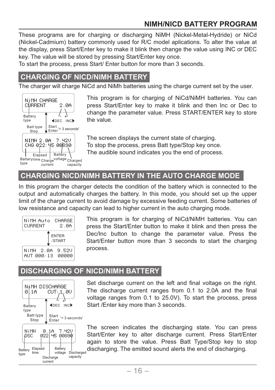 页 17, Nimh/nicd battery program, Discharging of nicd/nimh battery | Charging nicd/nimh battery in the auto charge mode, Charging of nicd/nimh battery | SkyRC Quattro B6AC User Manual | Page 17 / 28