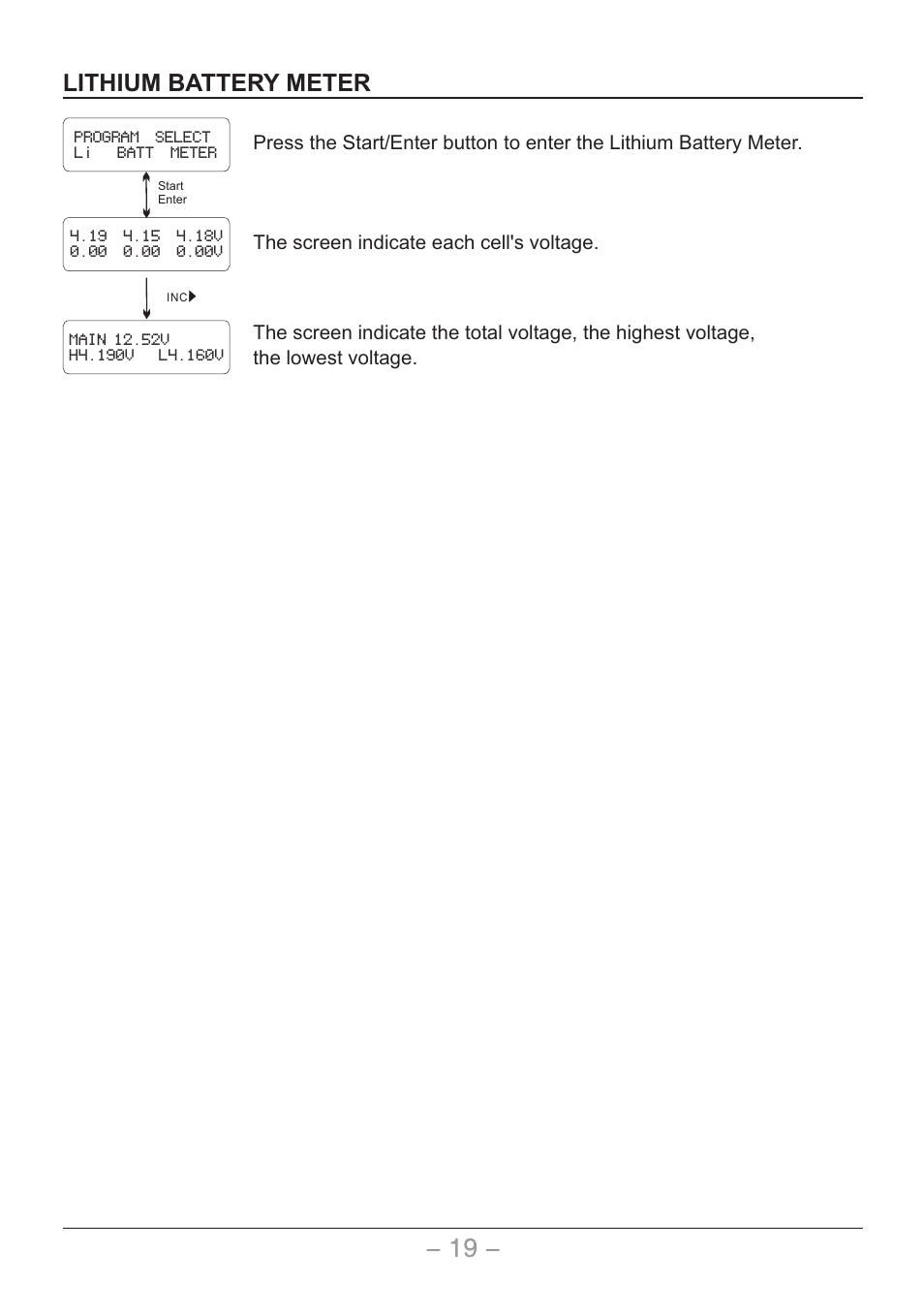 页 20, Lithium battery meter, The screen indicate each cell's voltage | SkyRC Quattro B6AC User Manual | Page 20 / 28