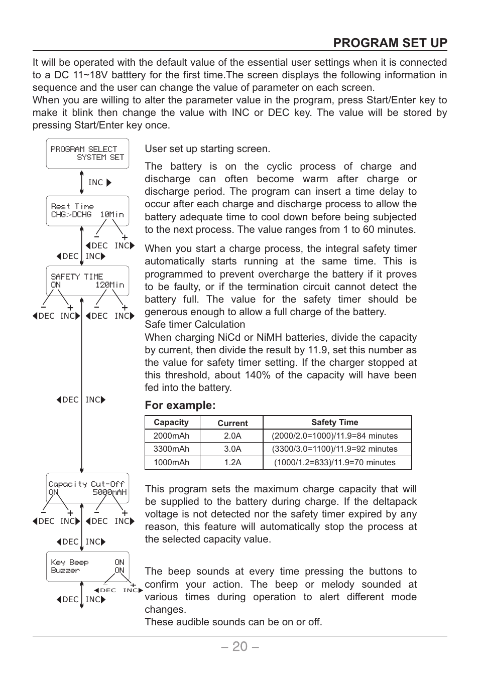 页 21, Program set up, For example | User set up starting screen | SkyRC Quattro B6AC User Manual | Page 21 / 28