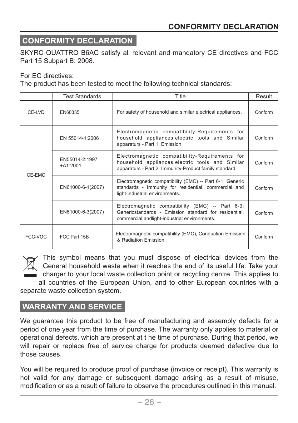 页 27, Conformity declaration, Warranty and service | SkyRC Quattro B6AC User Manual | Page 27 / 28