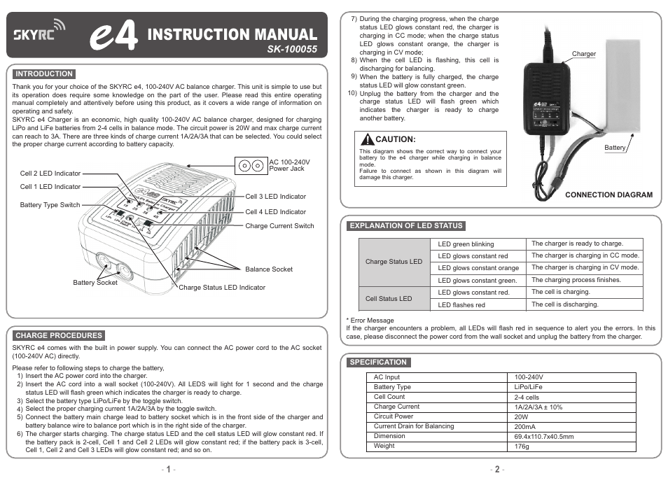 SkyRC e4 Balance Charger User Manual | 2 pages