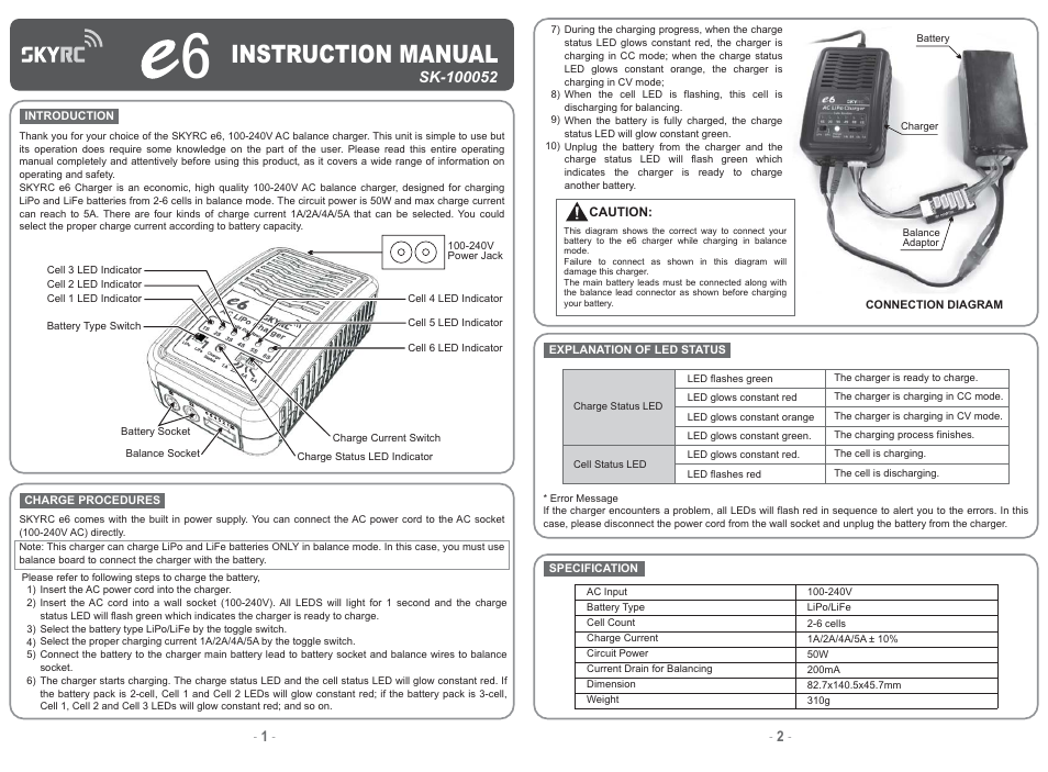 SkyRC e6 Balance Charger User Manual | 2 pages