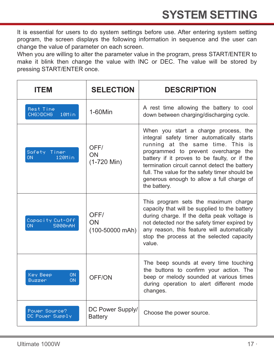 页 19, System setting, Item selection description | SkyRC SKYRC1000W Charger User Manual | Page 19 / 32