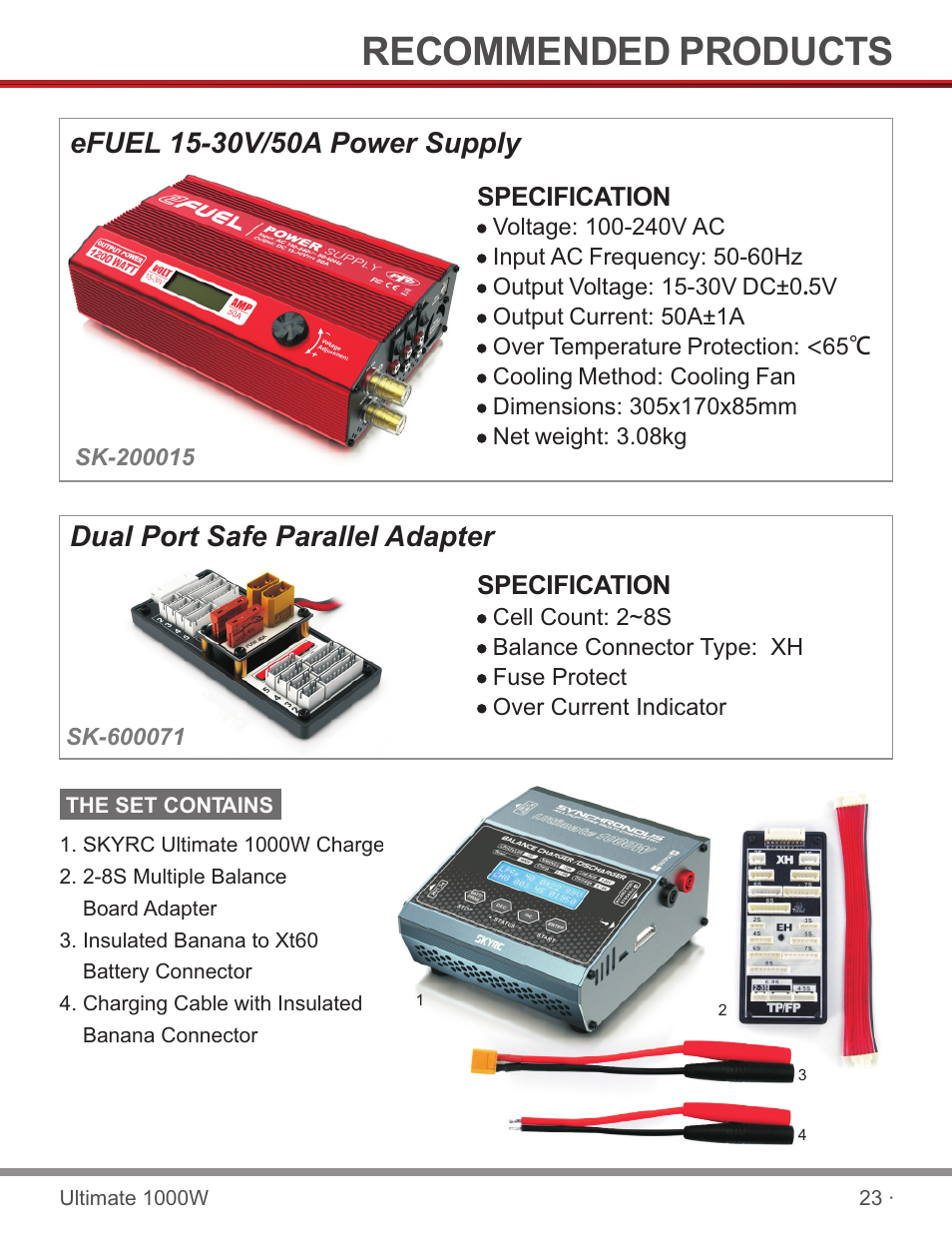 页 25, Recommended products, Dual port safe parallel adapter | Specification | SkyRC SKYRC1000W Charger User Manual | Page 25 / 32