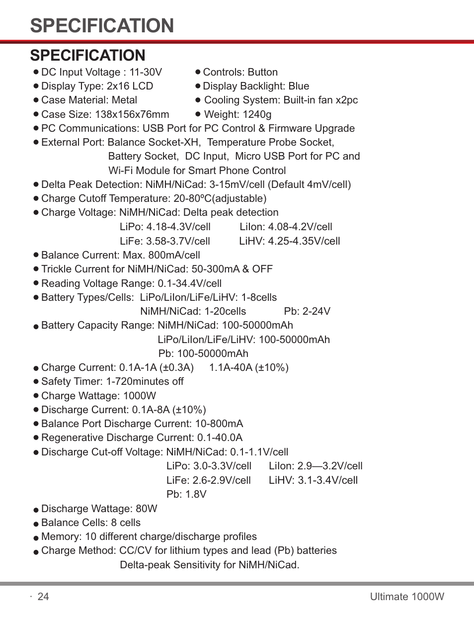 页 26, Specification | SkyRC SKYRC1000W Charger User Manual | Page 26 / 32