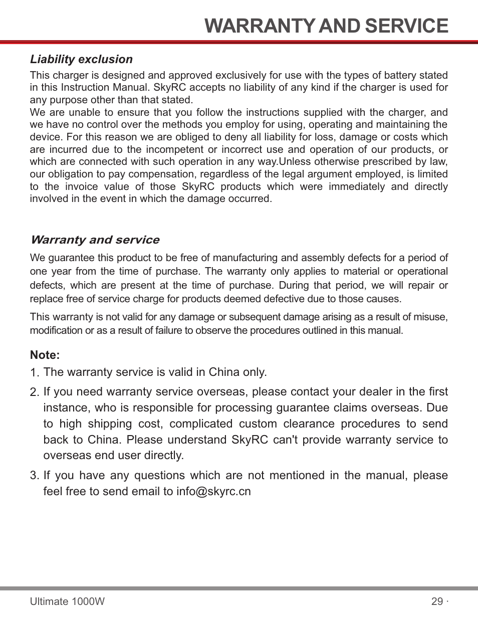 页 31, Warranty and service | SkyRC SKYRC1000W Charger User Manual | Page 31 / 32