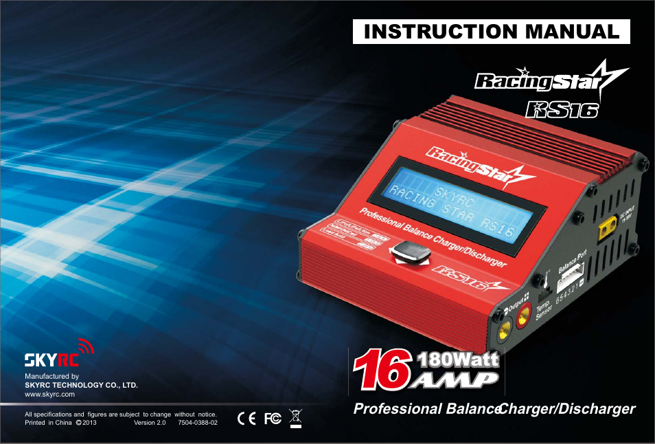 SkyRC RS16 180W/16A Balance Charger/Discharger User Manual | 20 pages
