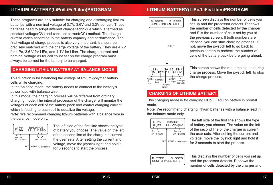 Lithium battery(lipo/life/liion)program, Charging lithium battery at balance mode, Charging of lithium battery | SkyRC RS16 180W/16A Balance Charger/Discharger User Manual | Page 10 / 20