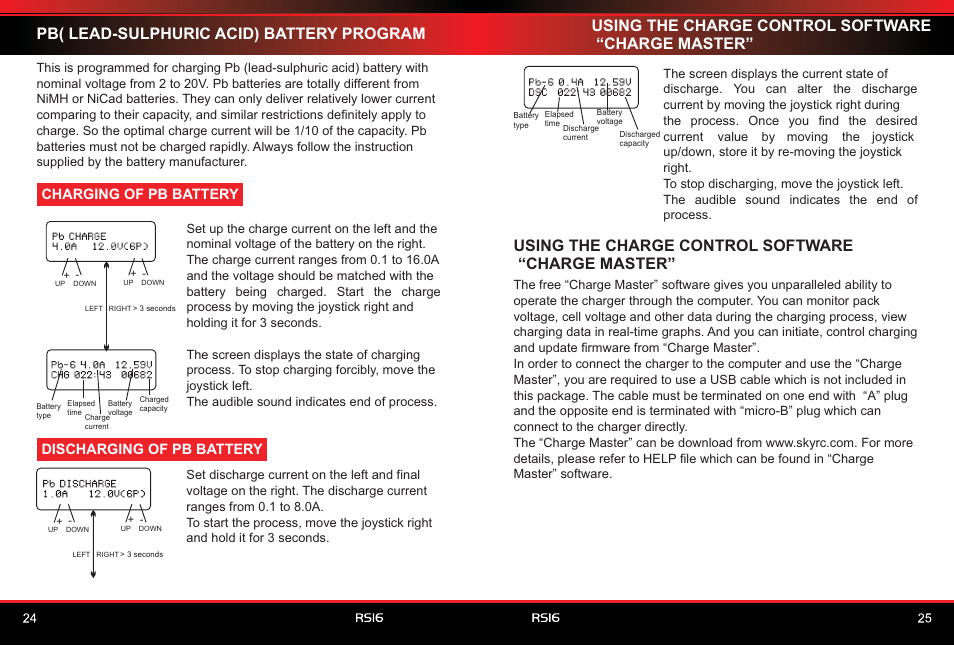 Pb( lead-sulphuric acid) battery program, Using the charge control software “charge master, Charging of pb battery | Discharging of pb battery | SkyRC RS16 180W/16A Balance Charger/Discharger User Manual | Page 14 / 20