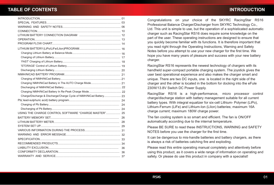 Table of contents introduction | SkyRC RS16 180W/16A Balance Charger/Discharger User Manual | Page 2 / 20